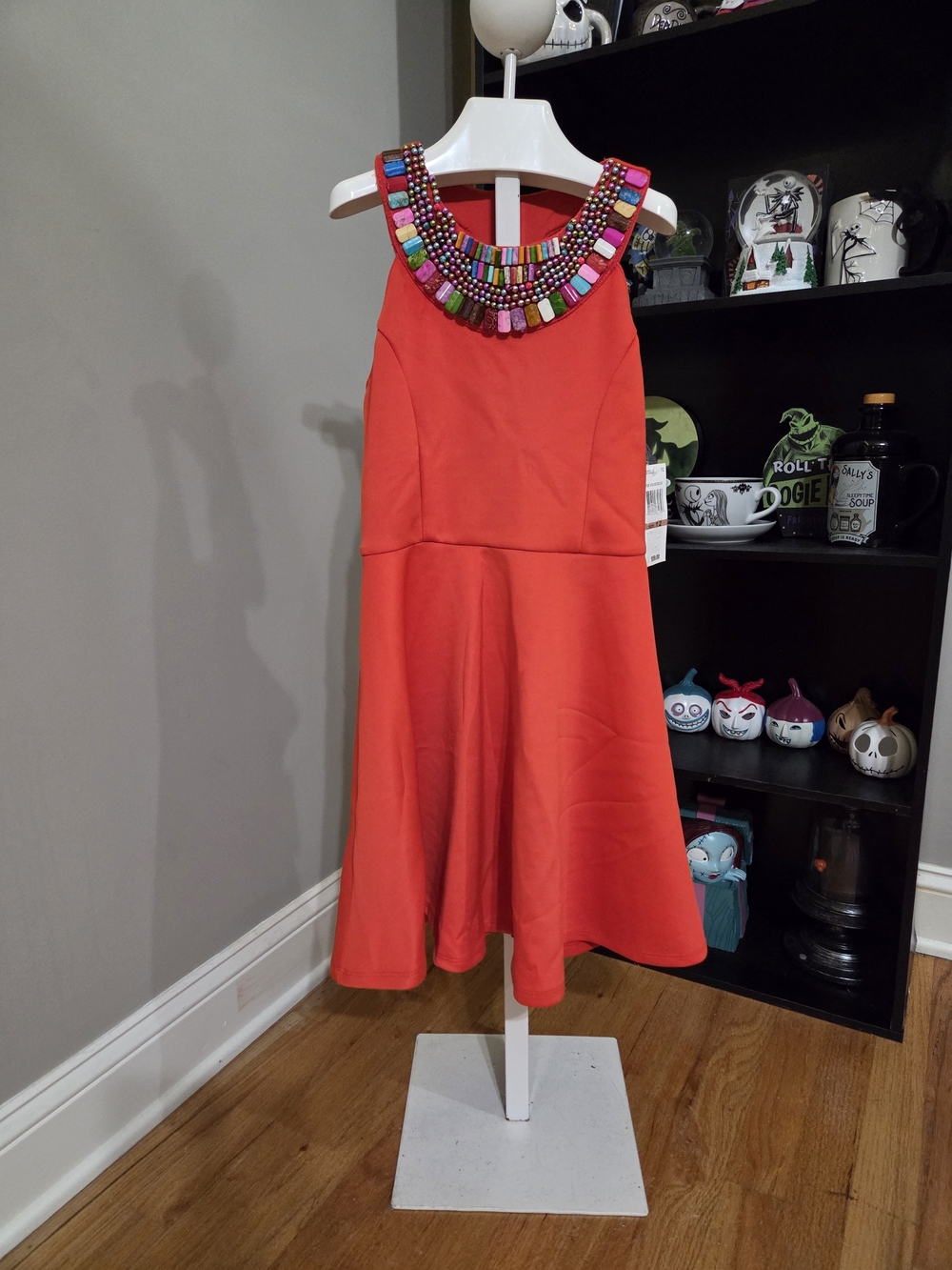 GB girls Bright Orange Sleeveless Dress with Multicolor Beaded Collar